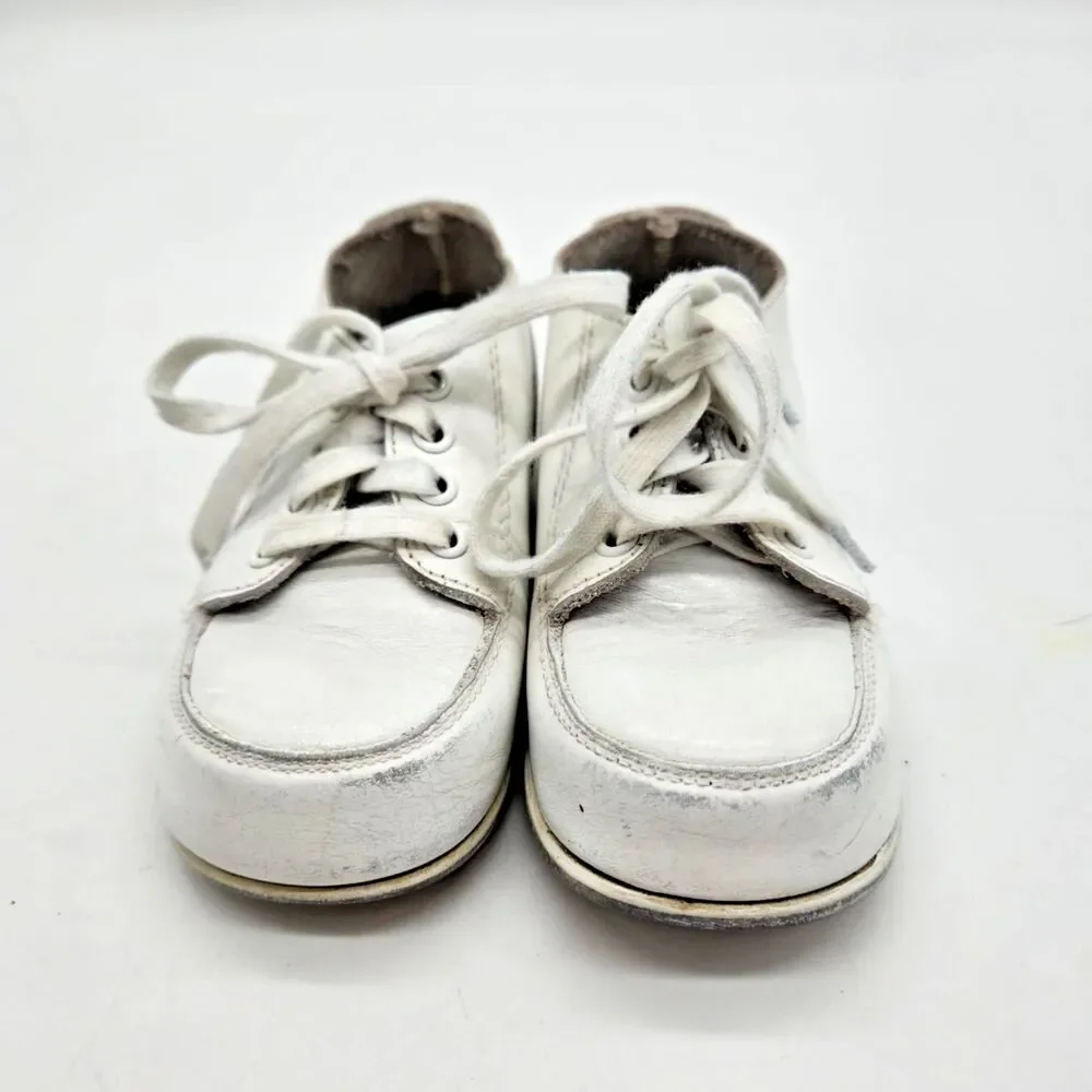 Vintage Baby Sz 4.5 White Leather Walking Shoes High Top Hard Bottom Lace Up B
